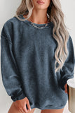 Pink Solid Ribbed Knit Round Neck Pullover Sweatshirt