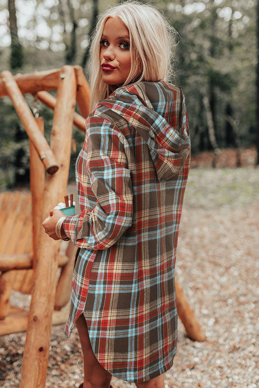 Plaid Split Side Button Hooded Dress