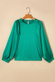 Green Satin Puff Long Sleeve Crewneck Blouse