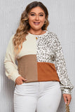 Khaki Ribbed Color Block Leopard Splicing Plus Size Top