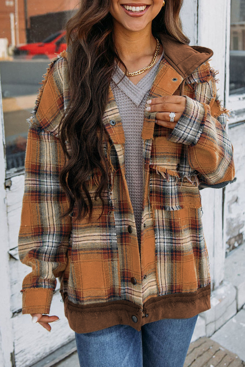 Orange Plaid Patch Hooded Frayed Snap Button Jacket