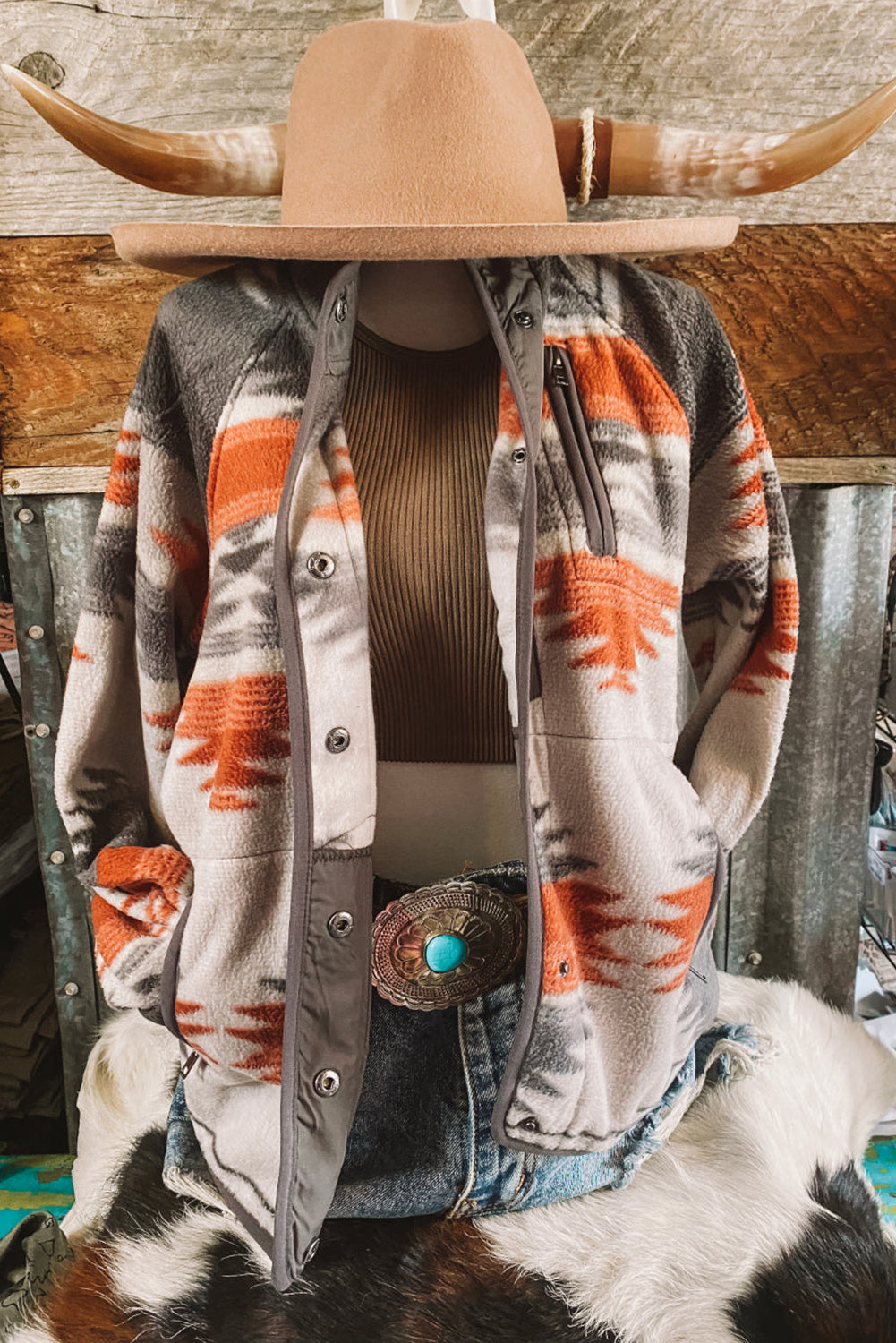 Western Aztec Snap Buttoned Fleece Jacket