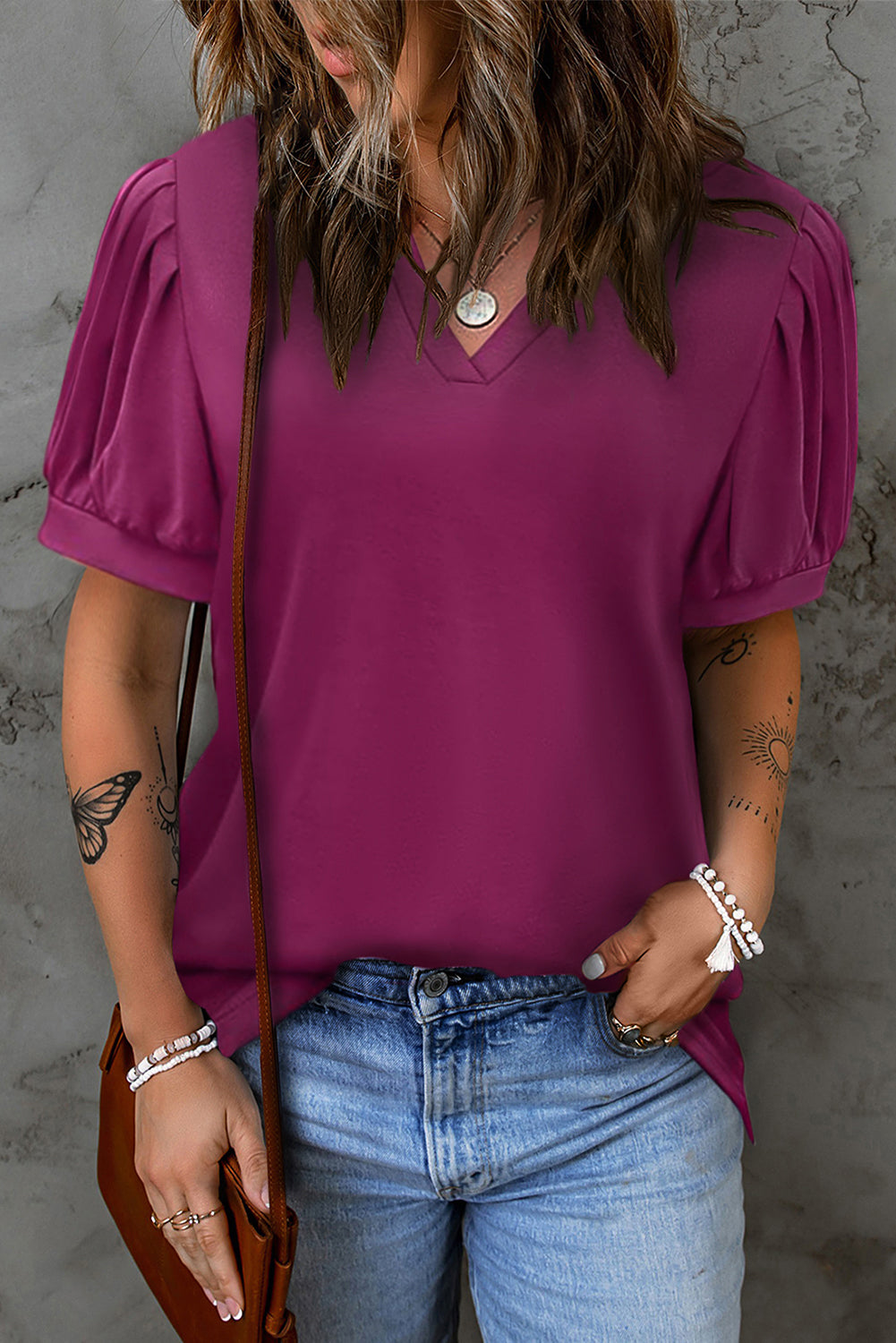 Solid Color Pleated Puff Short Sleeve Top