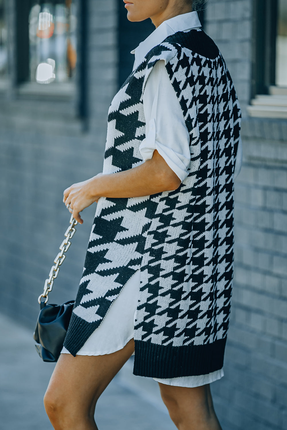 Houndstooth Sweater Vest with Slits