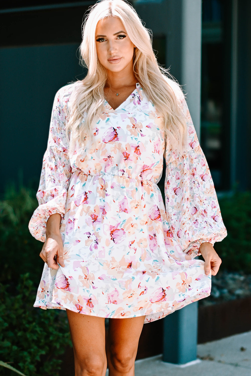 V Neck Bubble Sleeves Floral Dress