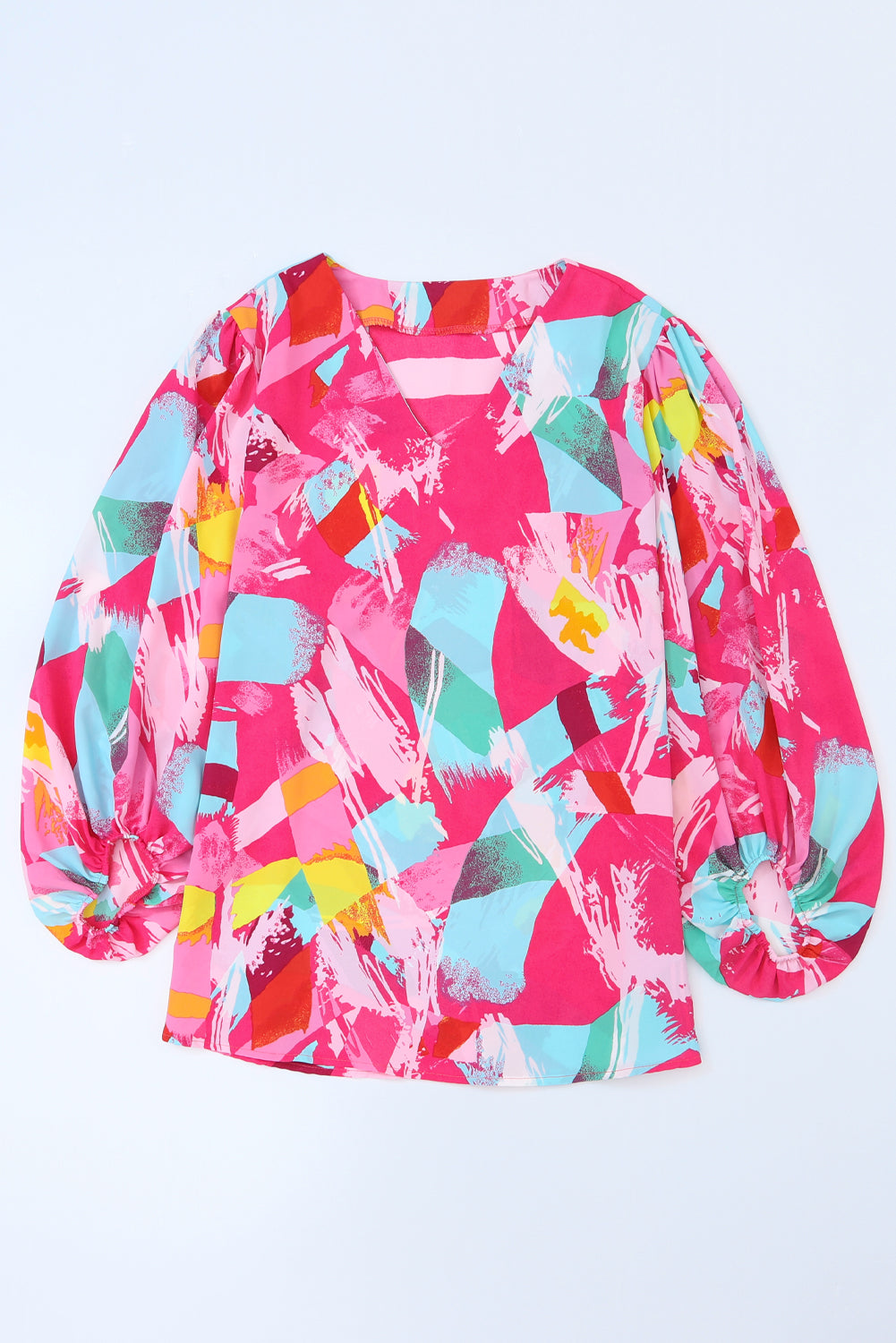 Plus Size Graffiti Print Split Neck Puff Sleeve Blouse