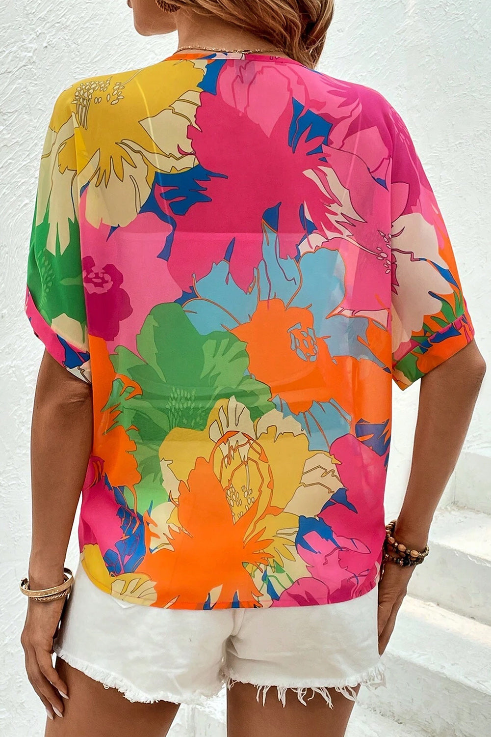 Multicolour Floral Print Folded Short Sleeve Shirt