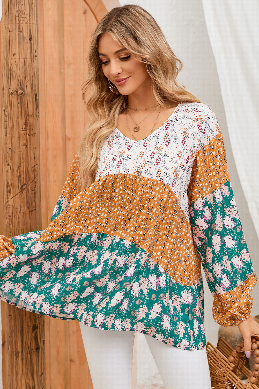 Color Block Floral Print Loose Blouse