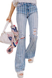 Vertical Striped Ripped Flare Jeans