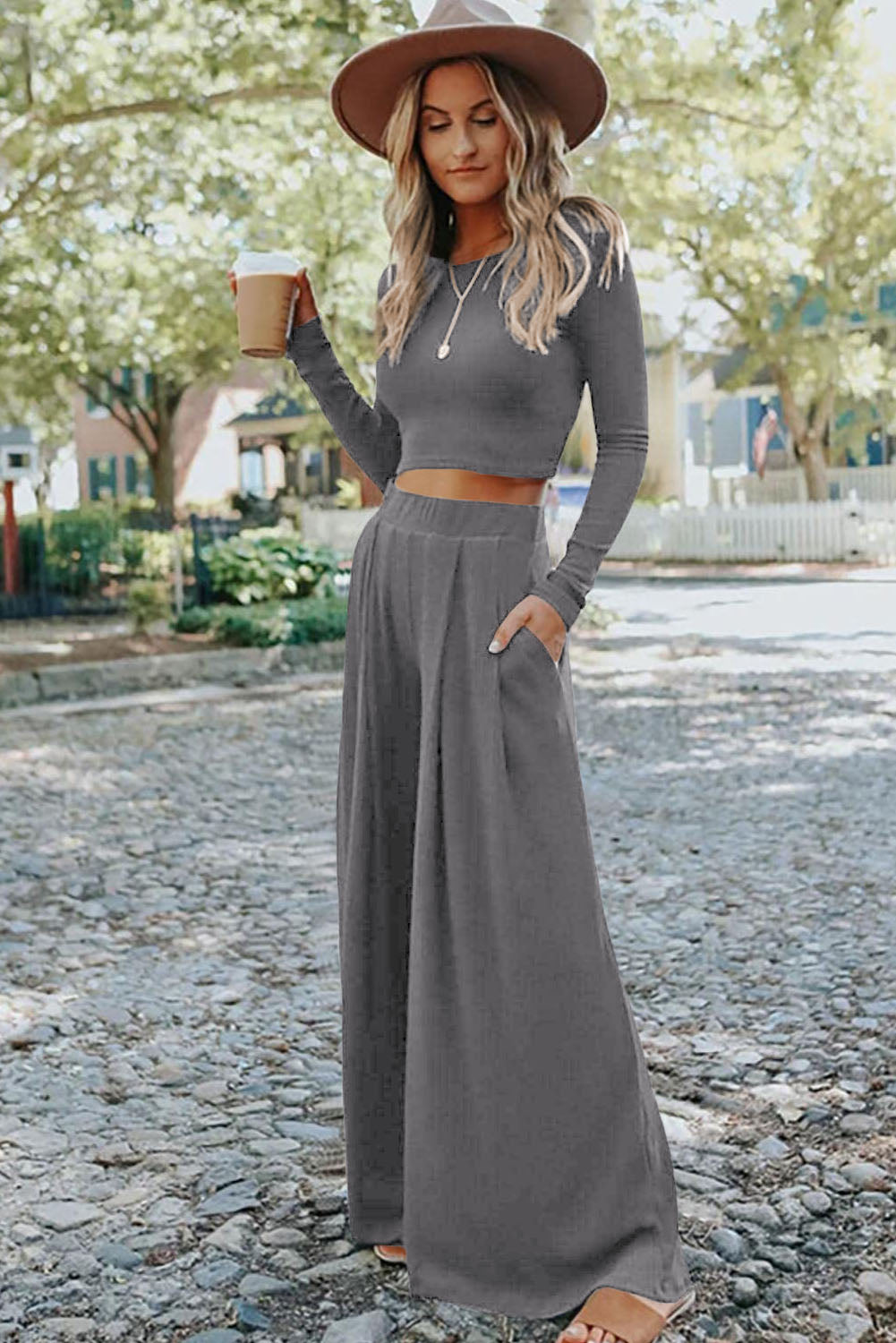 Solid Color Ribbed Crop Top Long Pants Set