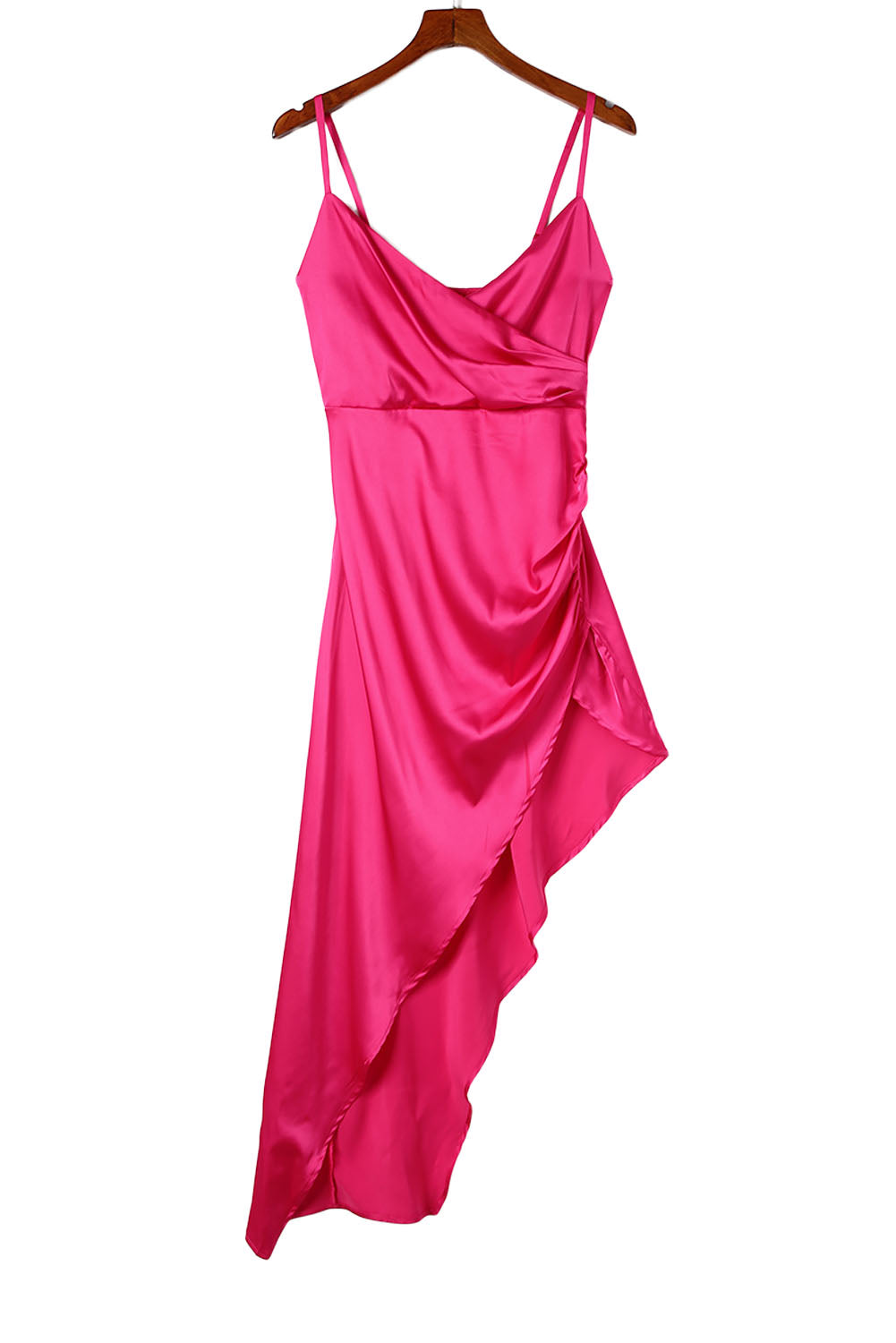 Ruched Wrap V Neck Slit Satin Dress