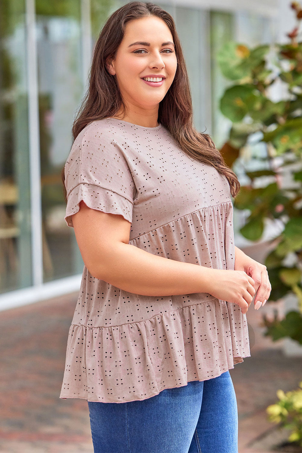 Pink Plus Size Eyelet Pattern Ruffle Sleeve Babydoll Top