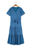 Plus Size Pleated Lace-up V Neck Wrap Maxi Dress