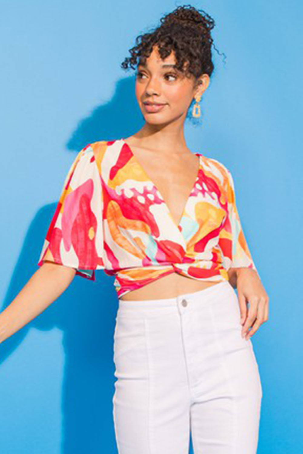 Abstract Print V Neck Twist Front Cropped Blouse