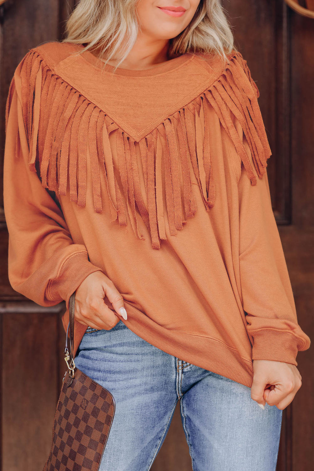 Solid Color Chevron Fringe Loose Pullover Sweatshirt