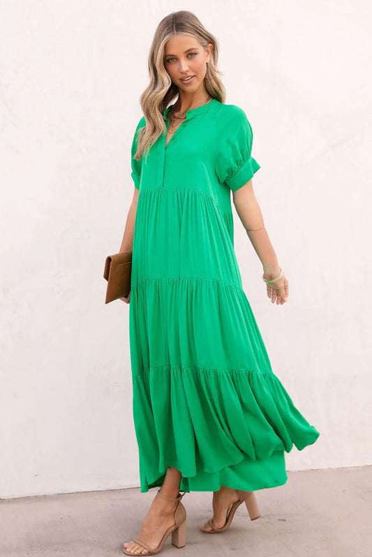 Notch V Neck Bubble Sleeve Tiered Maxi Dress