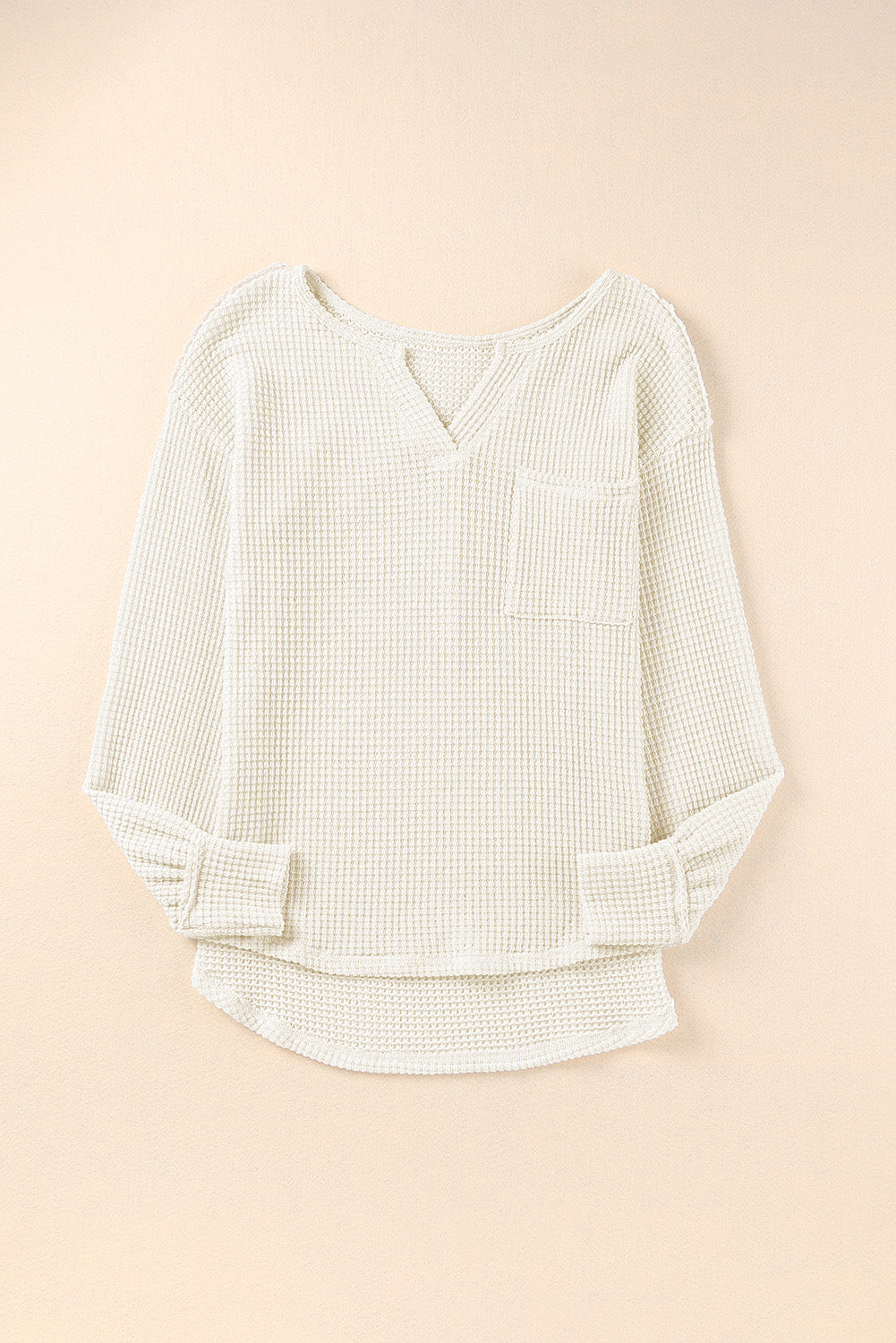 Waffle Knit Split Neck Pocketed Loose Top