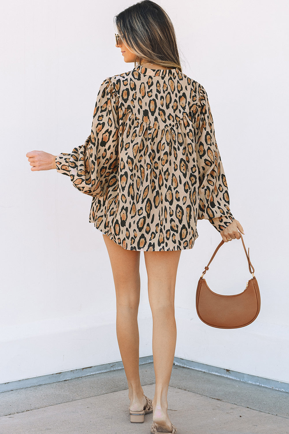 Jet Stream Oversized Leopard Print Balloon Sleeve Casual Shirt