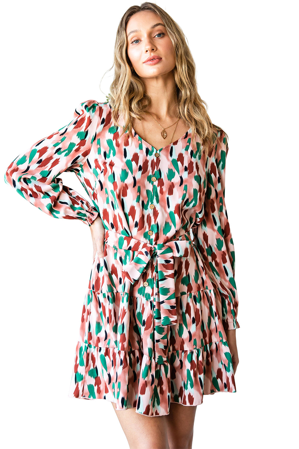 Robe évasée multicolore à imprimé camouflage amusant et nouée à la taille