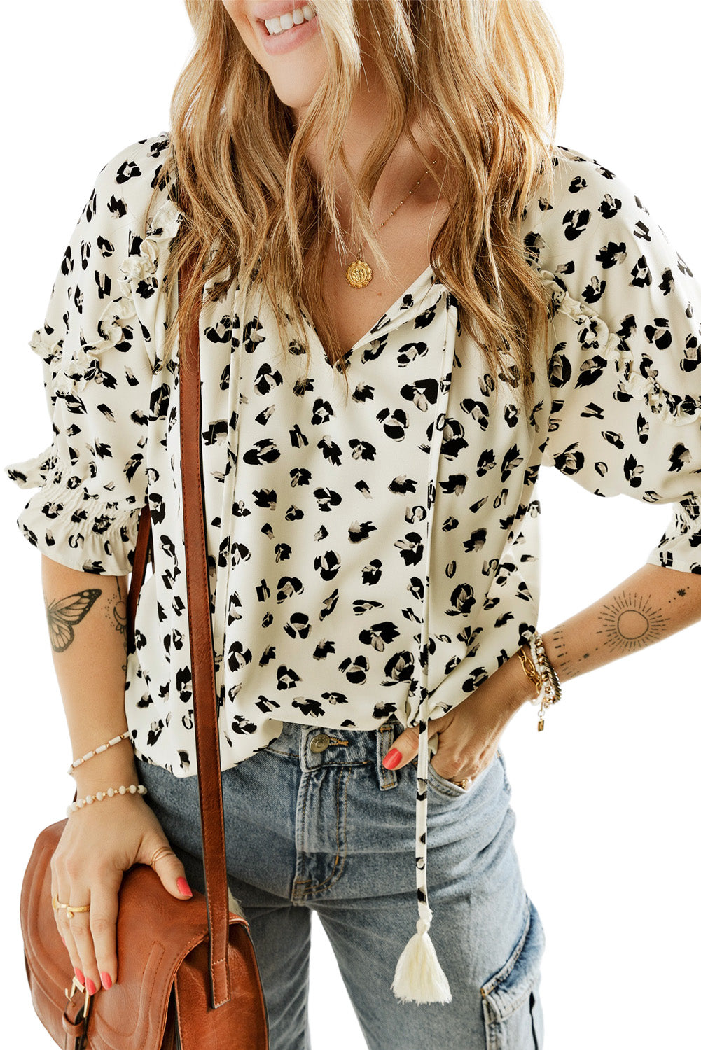 Leopard Print Frilled Half Sleeve Blouse with Tassel Tie