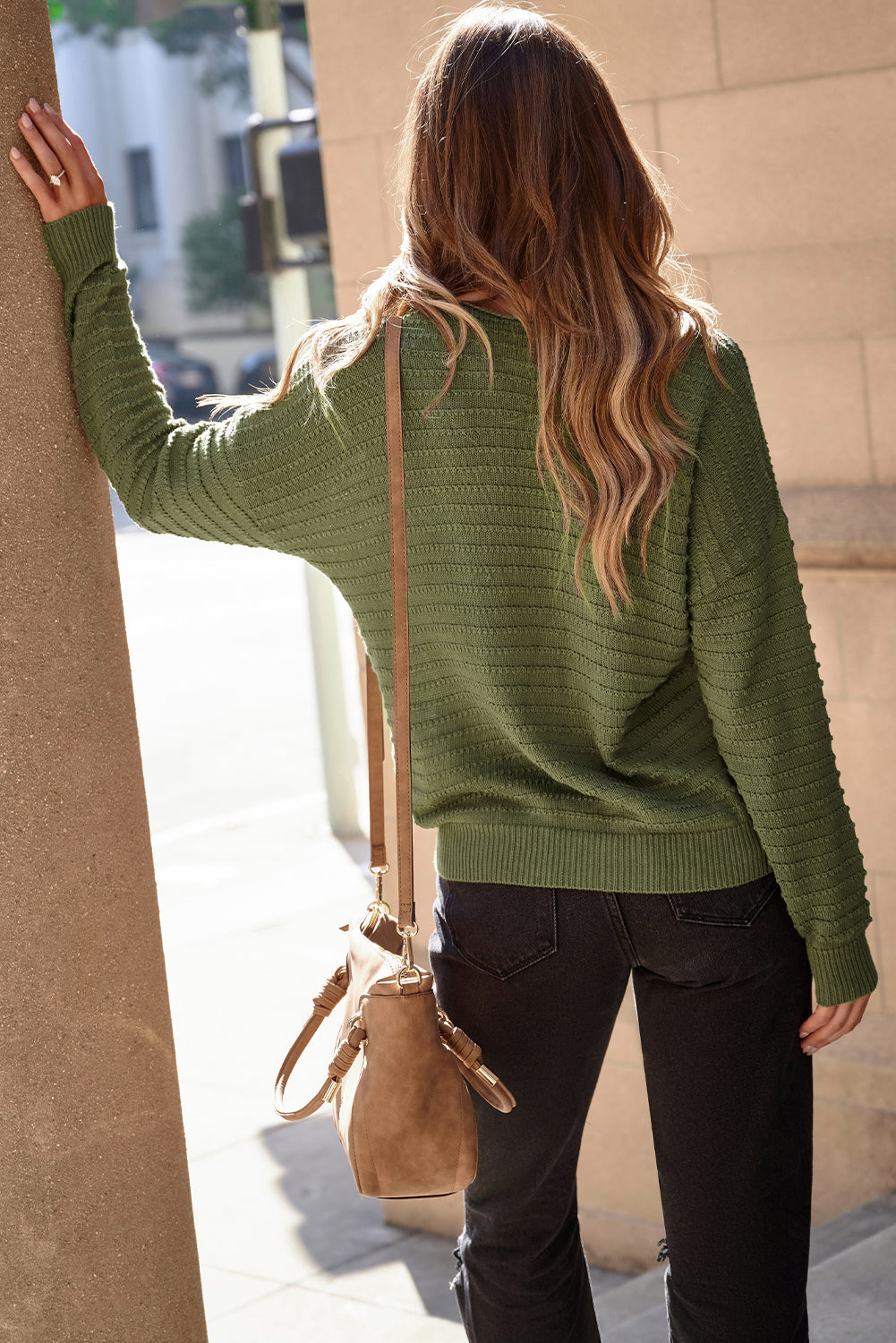 Green Textured Knit Round Neck Dolman Sleeve Sweater