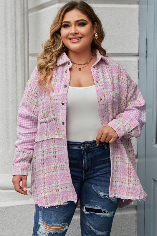 Plus Size Tweed Plaid Houndstooth Print Jacket