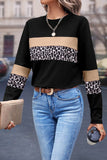 Khaki Leopard Colorblock Patchwork Crew Neck Long Sleeve Tee