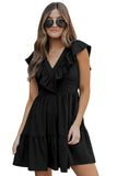 Ruffle Trim V Neck Smocking Back Mini Dress