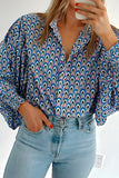 Sky Blue Abstract Print Shirred Cuff Buttoned Oversized Shirt