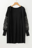 Black Crochet Lace Sleeve Ribbed Knit Cardigan