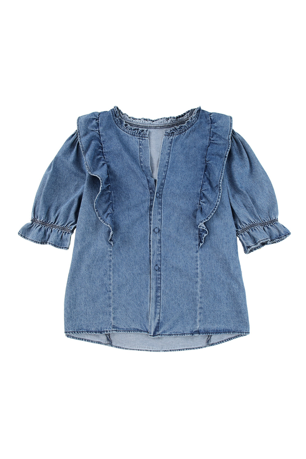 Ruffle Trim Half Sleeve Denim Shirt