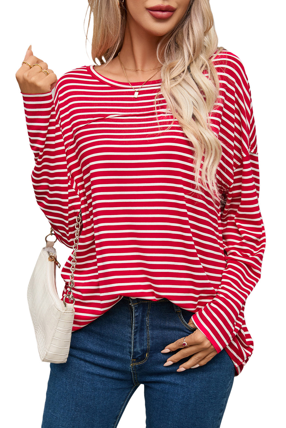 Striped Drop Shoulder Exposed Seam Long Sleeve Top