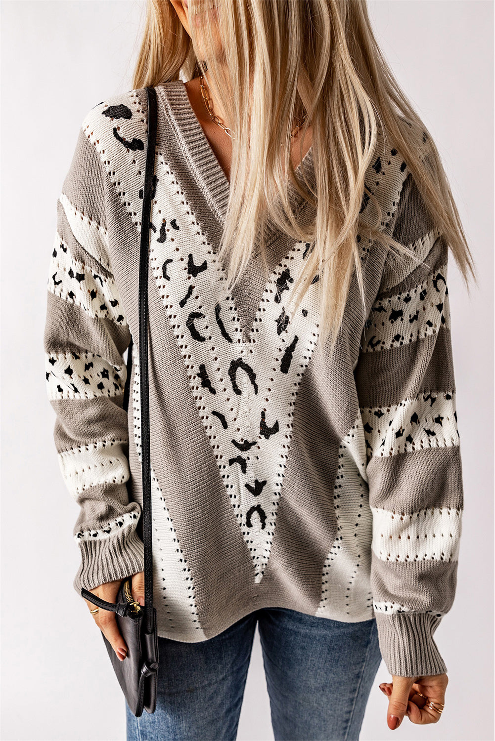 Animal Print Accent V Neck Sweater