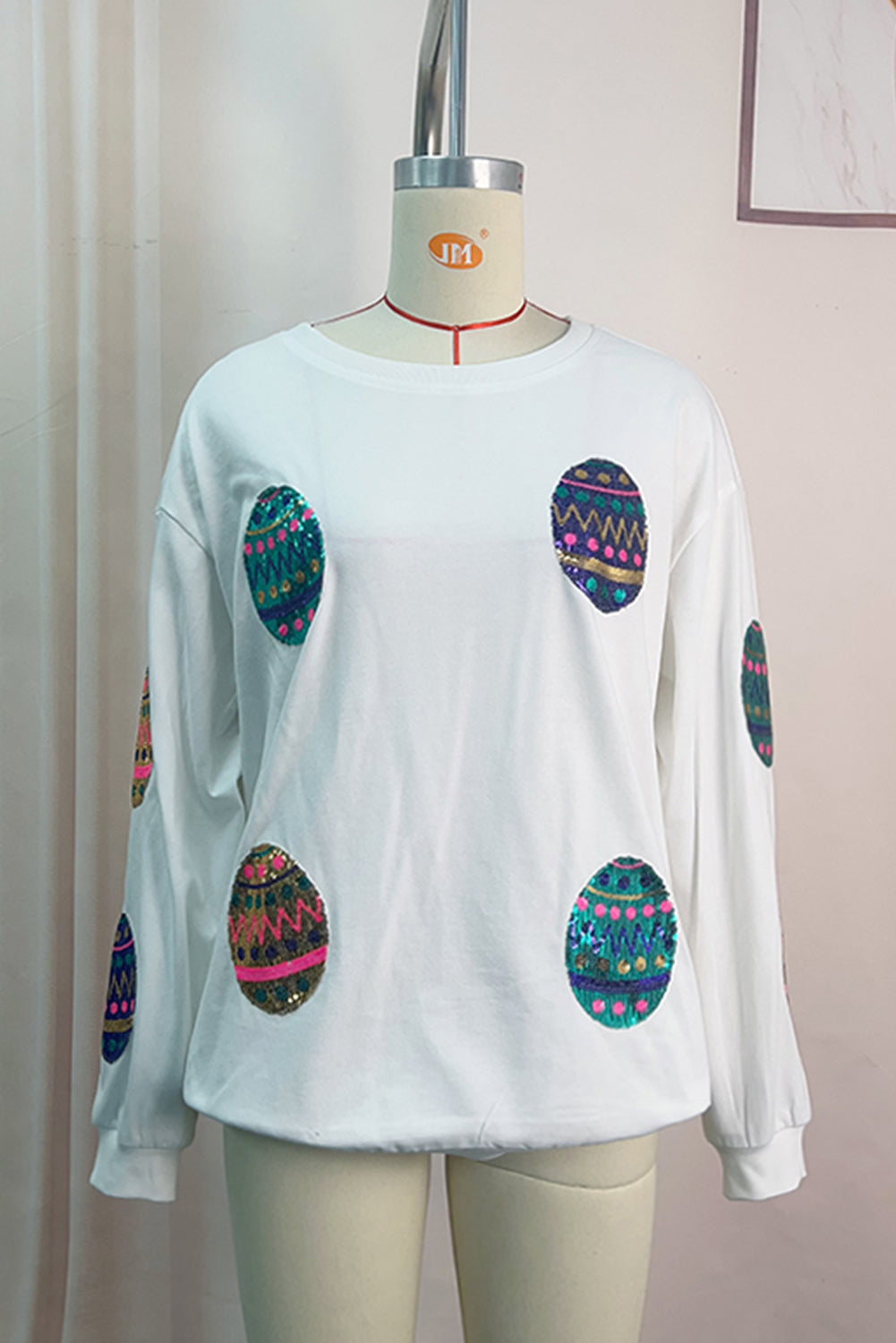 Pink Sequined Easter Egg Drop Shoulder Oversized Sweatshirt