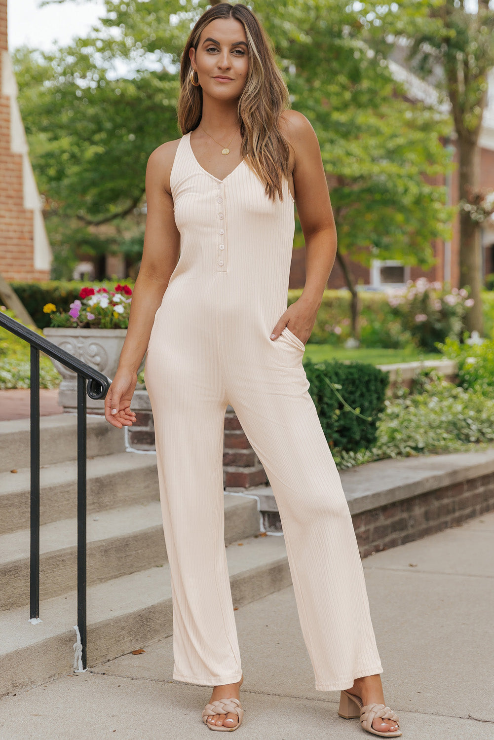 Sleeveless Buttoned Ribbed Wide Leg Jumpsuit with Pockets