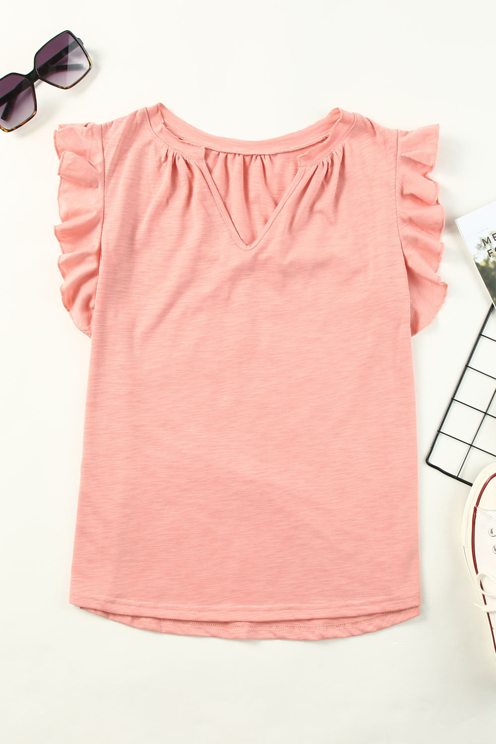 Casual Solid V Neck Butterfly Sleeve Top