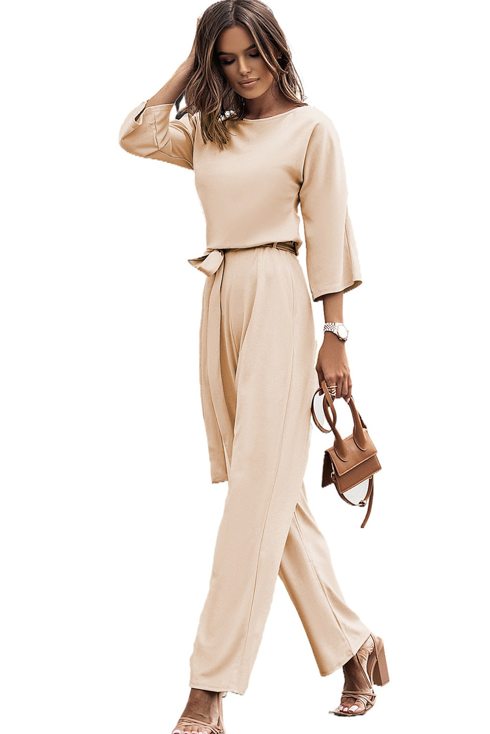 Bracelet Sleeve Waist Tie Wide Leg Jumpsuit