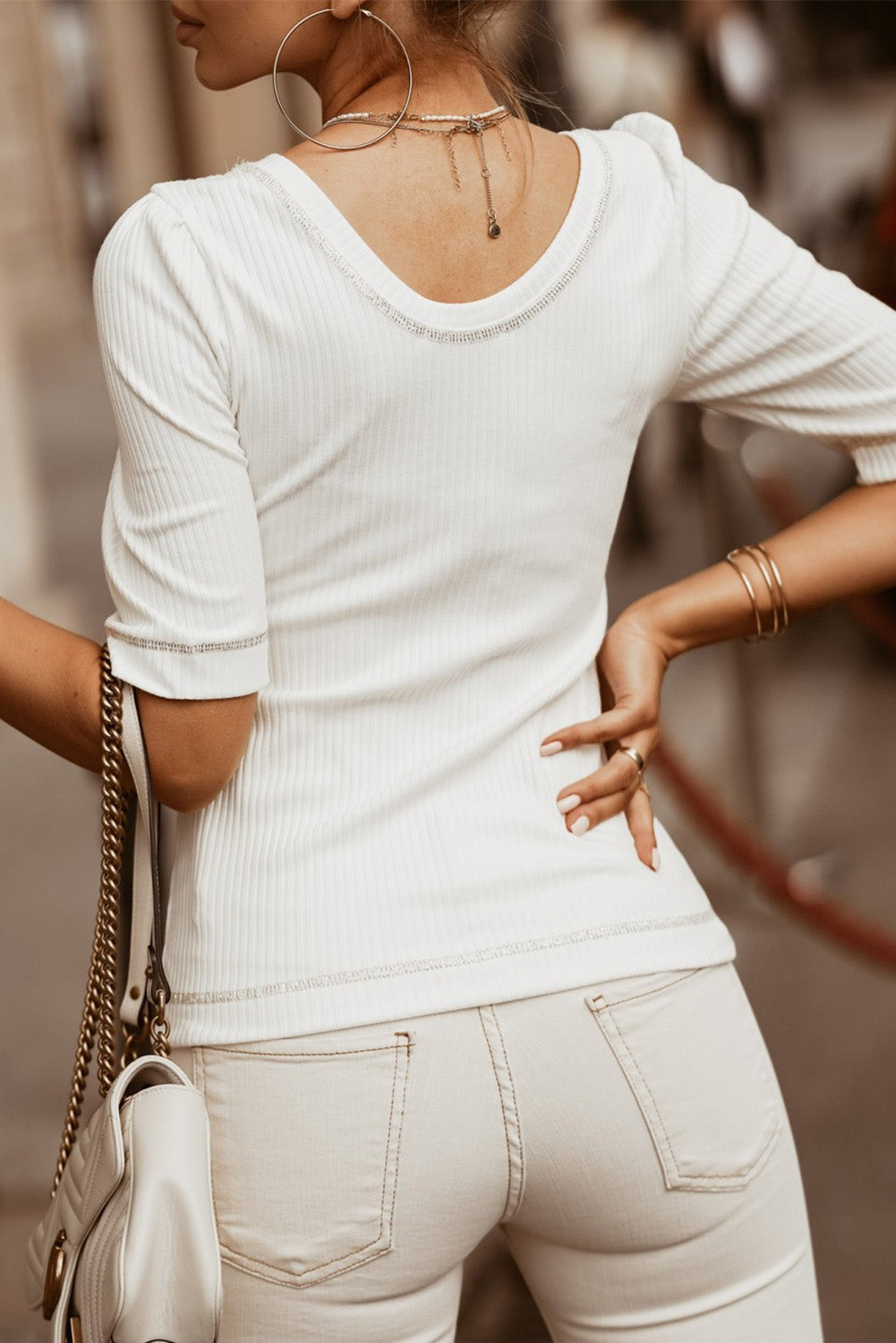 Round Neck Half Sleeve Ribbed Knit Top