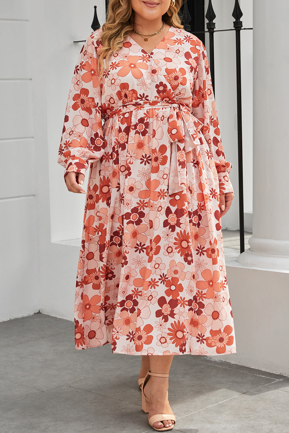 Plus Size Floral Print V Neck Wrap Side Slit Maxi Dress