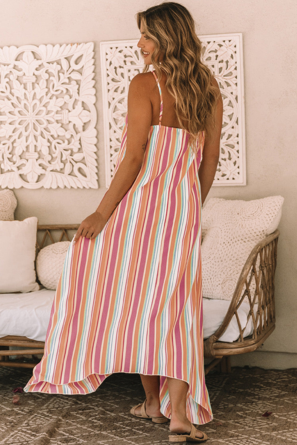 Robe longue de vacances bohème sans manches à imprimé rayé