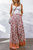 Floral Print Shirred High Waist Wide Leg Pants