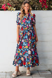 Black Retro Floral Printed Split Neck Maxi Dress