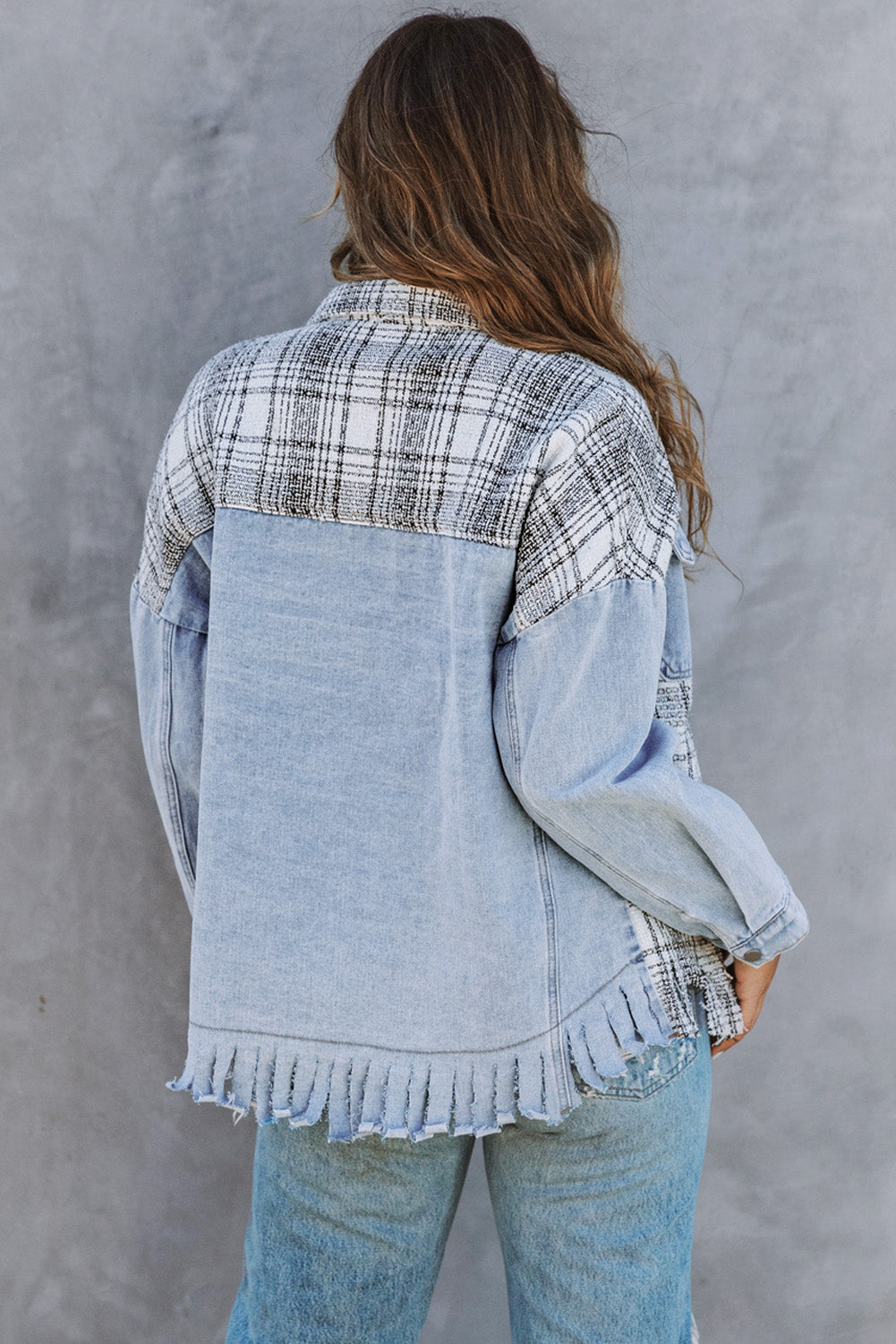 Plaid Patchwork Fringed Flap Pockets Denim Jacket