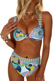 Abstract Print Front Knot High Waist Bikini Set