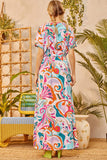 Abstract Printed Wrap V Neck Belted Maxi Dress