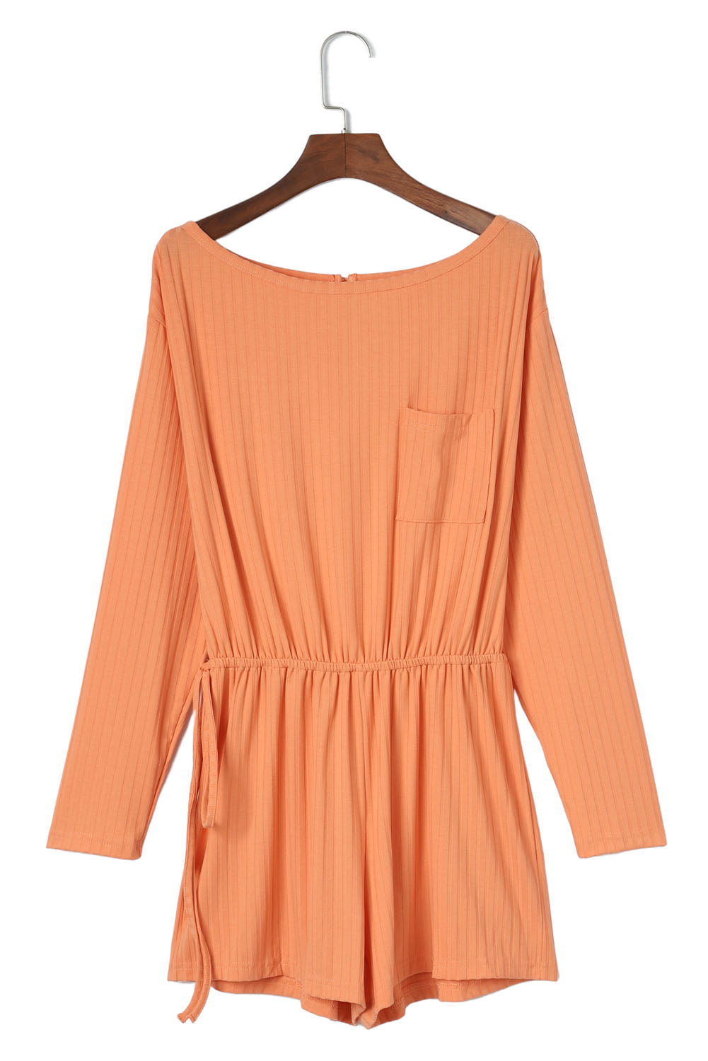 Ribbed Drawstring Waist Long Sleeve Romper