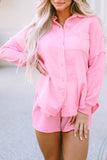 Crinkle Frayed Long Sleeve Shirt and Casual Shorts Set