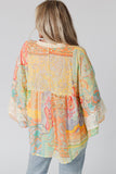 Paisley Print Bell Sleeve Lace V-Neck Button Sheer Blouse