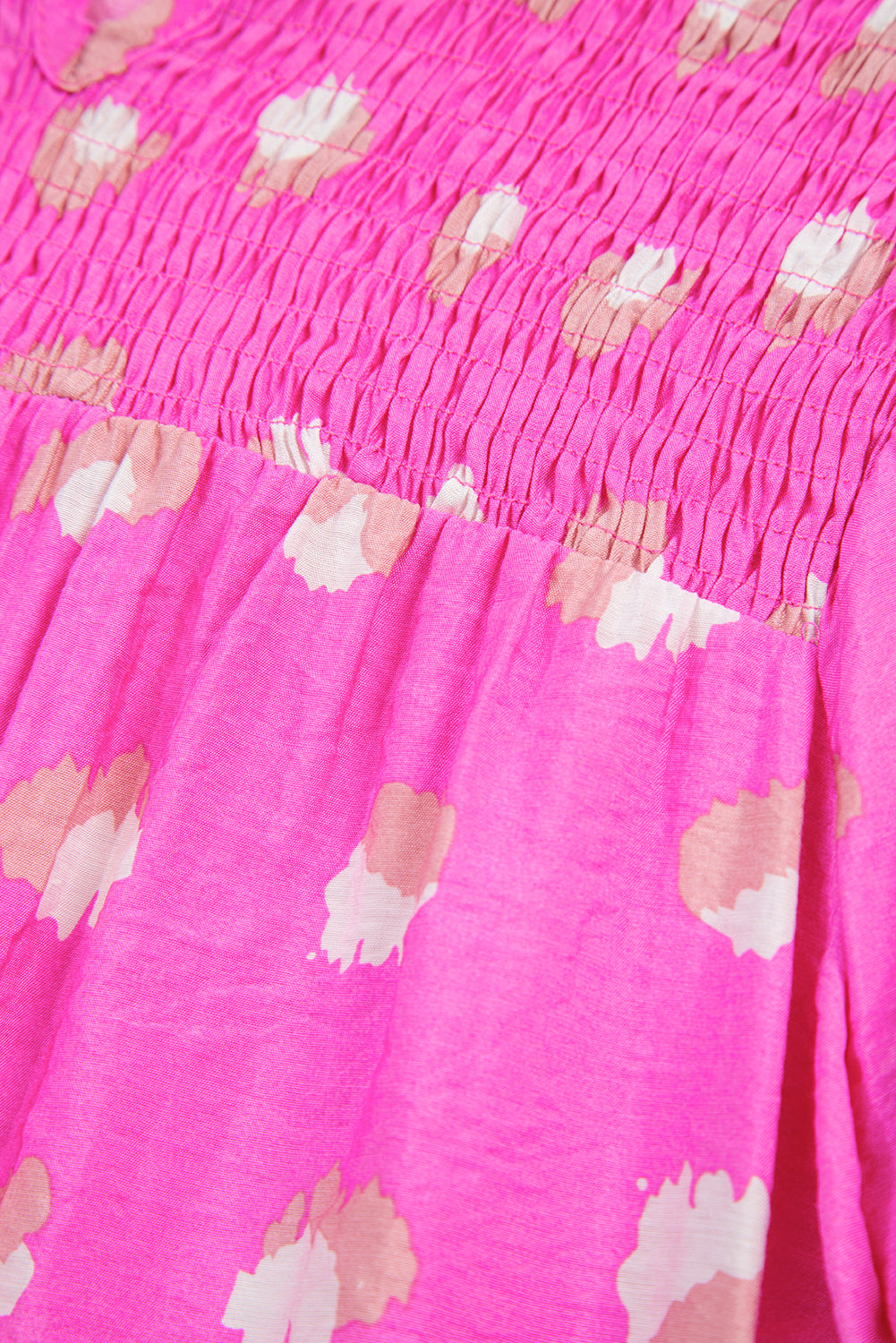 Bright Pink Printed Shirred Yoke Half Puff Sleeve Dress