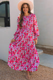 Sky Blue Floral Print Smocked Lantern Sleeve Tiered Maxi Dress